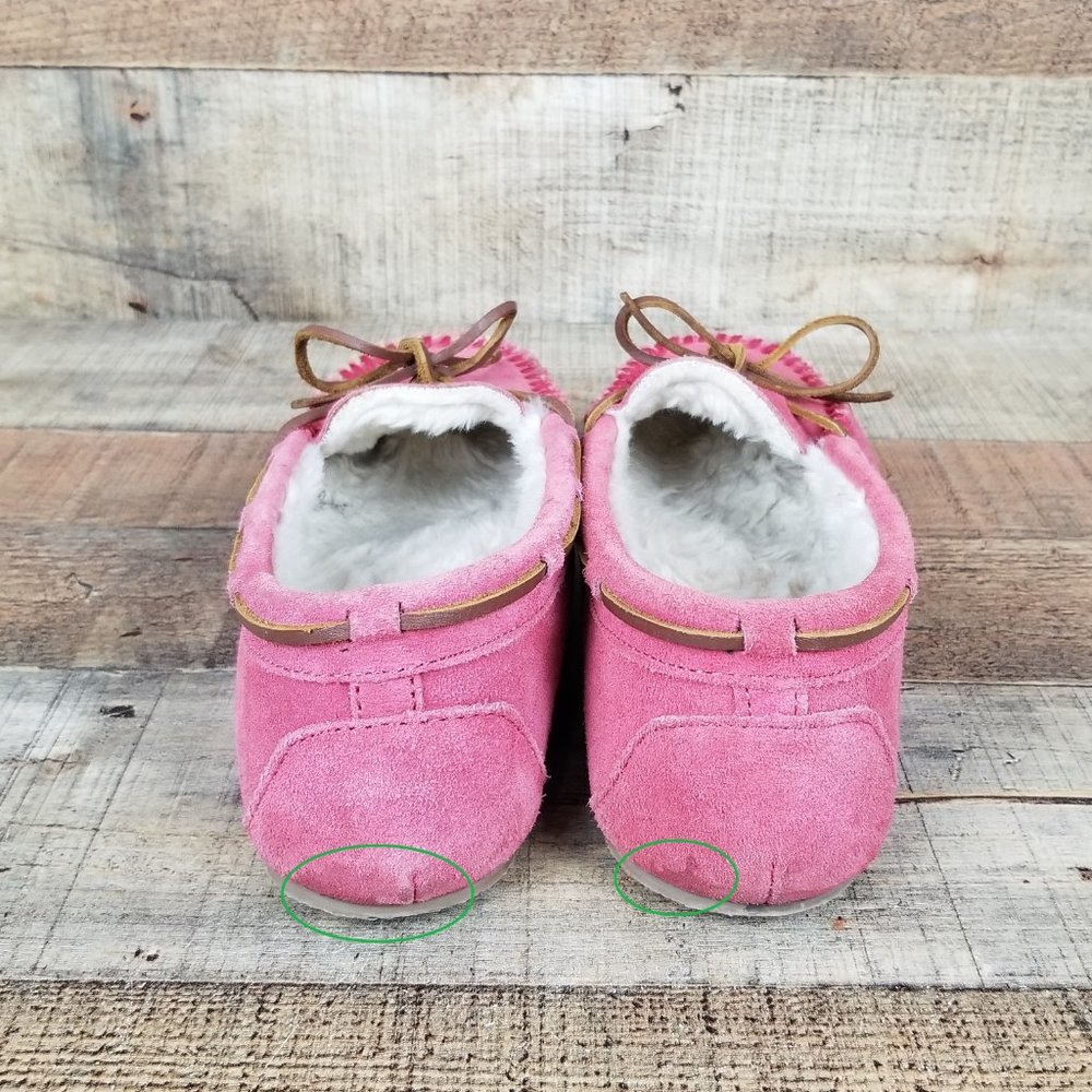 Minnetonka Pink Faux Fur Women Sz 8 Lined Suede Flats Moccasin Slippers Shoes - Picture 5 of 9
